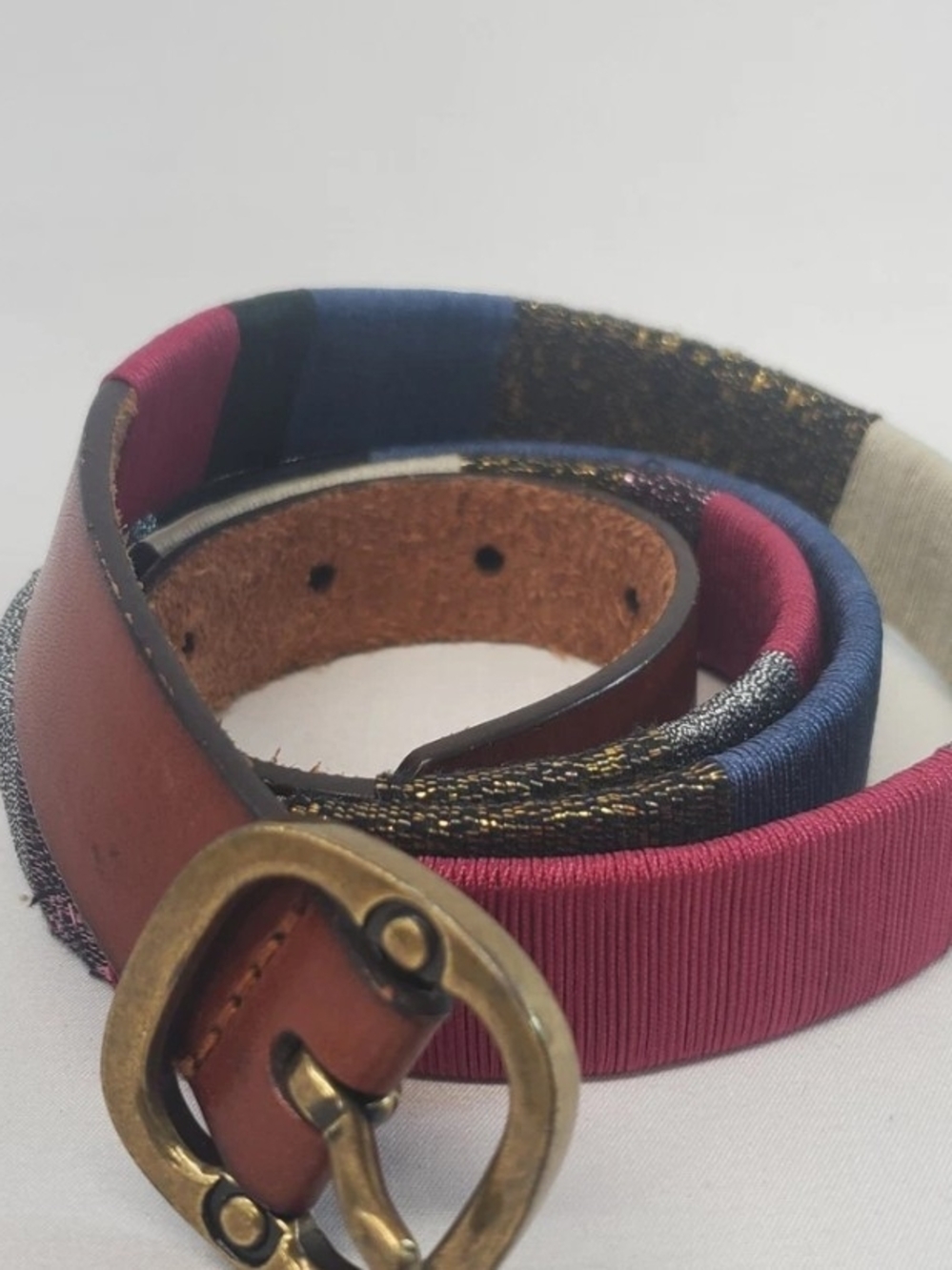 Multicolor Fabric-Trim Leather Belt with Antique Brass Buckle